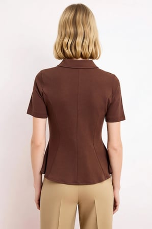 Kadın Bluz Peplum Polo Yaka Kısa Kol İnterlok Örme Düz Desen Yarım Pat Fermuar Kapamalı Regular