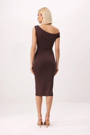 Kadın Asimetrik Yaka Düşük Kol Bodycon Midi Elbise Silky İnterlok Örme Kumaş Günlük Rahat Modern