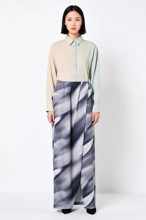 Kadın Midi Saten Etek Degrade Desenli Yırtmaçlı Sarong Kesim Astarlı Polyester Konforlu Günlük Rahat
