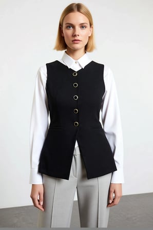 Kadın V Yaka Kolsuz Fitted Kesim Astarlı Önü Düğmeli Düz Dokuma Yelek İş Ortamı İçin Uzun Boy