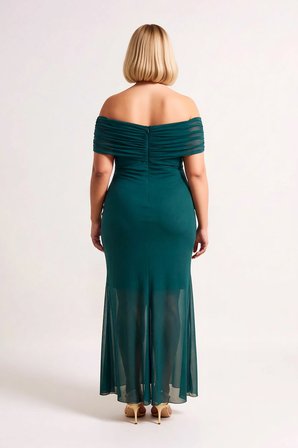 Kadın Büyük Beden Carmen Yaka Tül Örme Bodycon Maxi Elbise Kolsuz Zarif Günlük Rahat Modern Şık