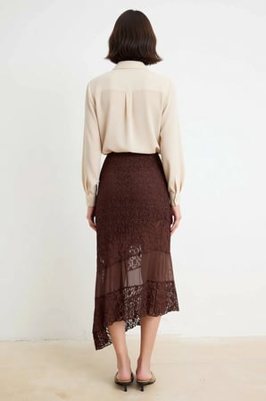 Kadın Asimetrik Midi Dantel Örme Etek Normal Bel A Kesim Astarsız Polyester Rahat Günlük Modern