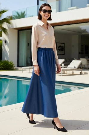 Kadın Maxi Denim Etek Dökümlü Tencel Kumaş Beli Lastikli Cepli Rahat Kesim Günlük Modern Şık Zarif