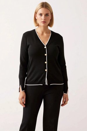 Kadın V Yaka Düğme Detaylı Şeritli Uzun Kollu Regular Kesim Triko Hırka Casual Giyim Stili