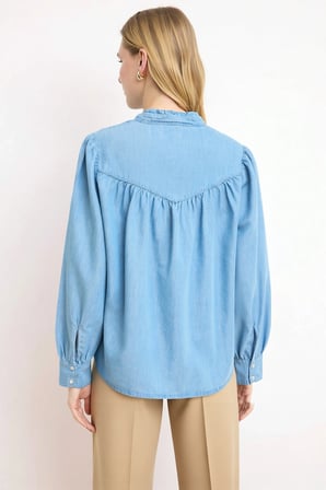 Kadın Bluz Relaxed Fit Yaka Uzun Kol Denim Kumaş Bağlama Detaylı Düz Desen Casual Ortam