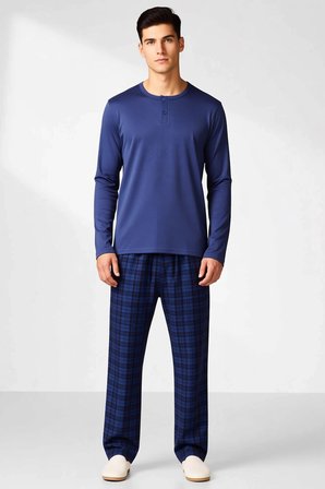 Erkek Düğmeli Yaka Uzun Kol Ekose Pantolonlu Örme Pijama Takımı Rahat