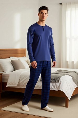 Erkek Düğmeli Yaka Uzun Kol Ekose Pantolonlu Örme Pijama Takımı Rahat