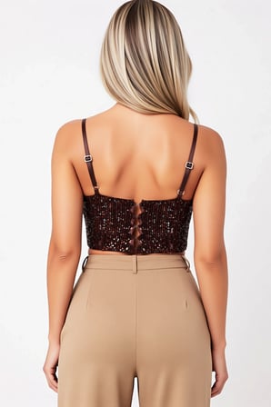 Kadın Bluz Kalp Yaka İnce Askılı Crop Boy Payet İşlemeli Dokuma Fitted Kalıp Örme Kumaş Yapısı