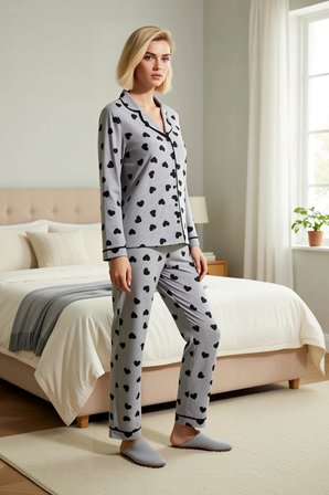 Kadın Gömlek Yaka Uzun Kol Desenli Pijama Takımı Büyük Beden Fonksiyonel Modern %100 Pamuk