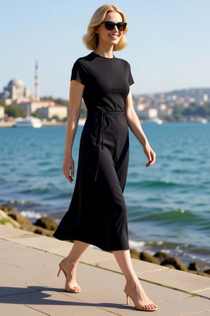 Kadın Midi Boy Bisiklet Yaka Kısa Kollu Shift Kesim Silky İnterlok Örme Elbise Rahat Günlük Modern
