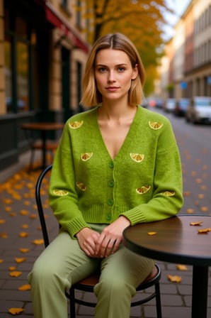 Kadın Oversize Crop V Yaka Düşük Kol Nakışlı Triko Hırka Portakal Dilimi Desenli Yumuşak Dokulu