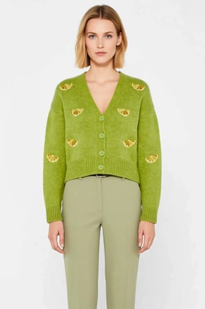 Kadın Oversize Crop V Yaka Düşük Kol Nakışlı Triko Hırka Portakal Dilimi Desenli Yumuşak Dokulu