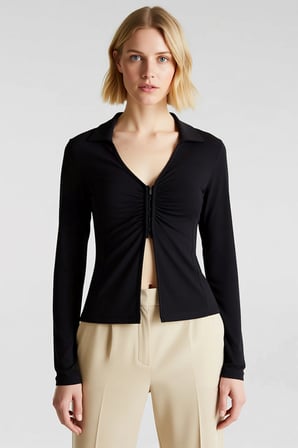 Kadın Bluz Polo Yaka Uzun Kol Fitted Kalıp Agraflı Büzgülü Örme Penye Süprem Düz Desen Şık