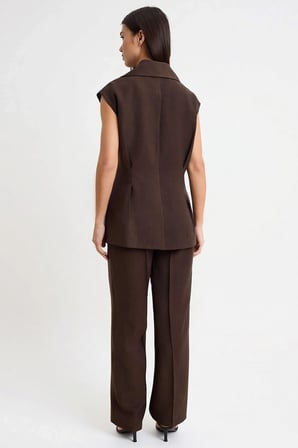 Kadın Oversize Ceket Yaka Kolsuz Dokuma Yelek Bol Paça Pantolon Takımı Liyosel Karışım Günlük Rahat