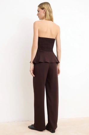 Kadın Straplez Peplum Detaylı Geniş Paça Uzun Örme Takım Soft Touch Kumaş Rahat Kesim Günlük Modern