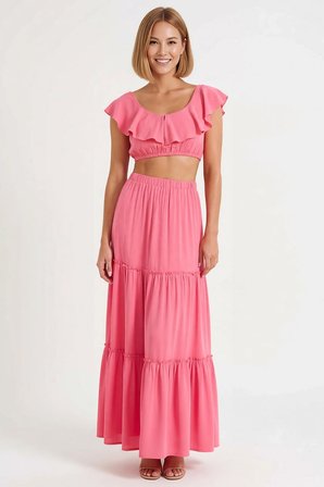 Kadın Büyük Beden Crop Top Maxi Etek Takımı Fırfırlı Yaka Kolsuz Dokuma Uzun Boy Günlük Rahat Modern
