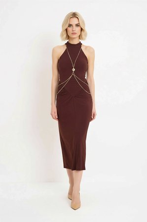 Kadın Halter Yaka Kolsuz Bodycon Midi Elbise Zincir Aksesuar Detaylı Örme Gece Kıyafeti Günlük Rahat