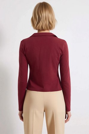 Kadın Bluz Polo Yaka Uzun Kol Fitted Kalıp Agraflı Büzgülü Örme Penye Süprem Düz Desen Şık
