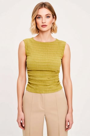 Kadın Bluz Fitted Düz Desen Kayık Yaka Kolsuz Büzgülü Drape Detaylı Gofre Dokulu Örme Crop