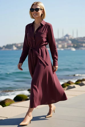Kadın Uzun Kollu Kuşaklı Maxi Gömlek Elbise Modal Kumaş Astarsız Standart Kesim Rahat Günlük Modern