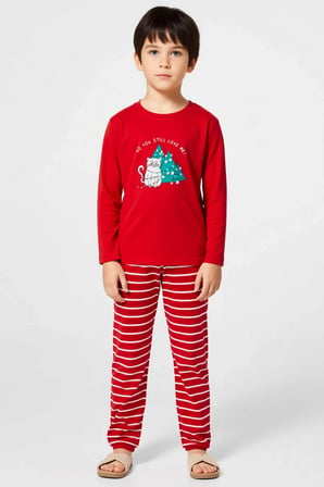 Unisex Çocuk Bisiklet Yaka Standart Kol Uzun Kollu Regular Kalıp Pijama Takımı Estetik %100 Pamuk