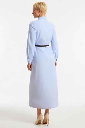 Kadın Maxi Boy Boyundan Bağlamalı Uzun Kollu Skater Kesim Terrycotton Dokuma Elbise Kemerli Günlük
