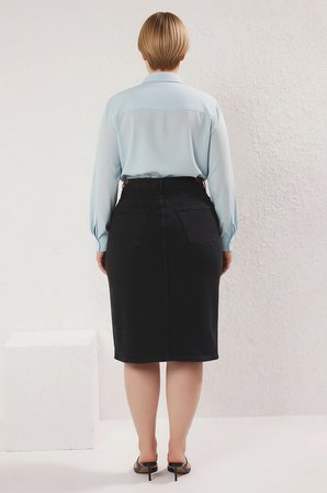 Kadın Büyük Beden Yüksek Bel Kalem Kesim Midi Denim Etek Pamuk Karışımlı Konforlu Günlük Rahat Şık
