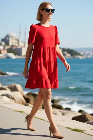 Kadın Kısa Kollu A-Line Mini Elbise Bisiklet Yaka Katmanlı Volanlı Aerobin Dokuma Günlük Rahat Şık