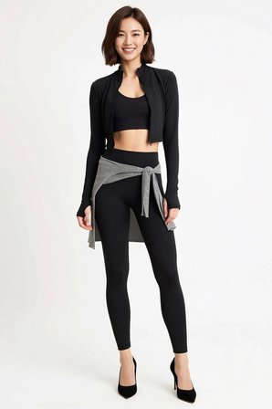Kadın Büyük Beden Crop Spor Ceket Tayt Takım Dalgıç Kumaş Uzun Kollu Dik Yaka Fitted Kesim Günlük