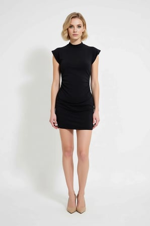 Kadın Kolsuz Bisiklet Yaka Bodycon Mini Elbise Büzgülü Detaylı Micro Dokulu Rahat Kesim Günlük Şık