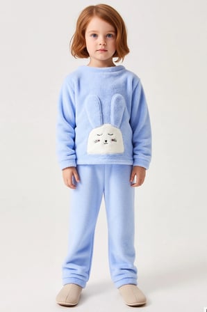 Kız Çocuk Bisiklet Yaka Standart Kol Uzun Kol Regular Kalıp Peluş Örme Pijama Takımı Dayanıklı