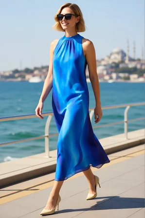 Kadın Kolsuz Halter Yaka Şifon Maxi Elbise Soyut Desen Astarlı Düz Kesim Rahat Gündüz Gece Günlük