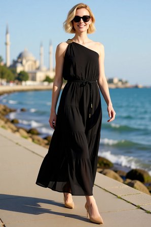 Kadın Asimetrik Yaka Tek Omuz Maxi Dokuma Elbise %100 Viskoz A-Line Kesim Altın Aksesuarlı Günlük