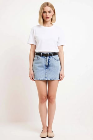 Kadın Şort Etek Denim Yüksek Bel Düz Desen Kısa Paça Kemer Detaylı Rigid Dokuma Spor