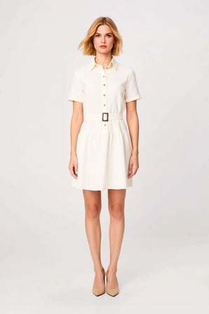 Kadın Kısa Kollu Gömlek Yaka Kuşaklı Düğmeli Mini Skater Elbise Dokuma Kumaş Günlük Rahat Modern