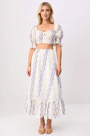 Kadın Çiçekli Desenli Brode Dokuma Crop Top Midi Etek Takımı Kalp Yaka Truvakar Kol Günlük Rahat