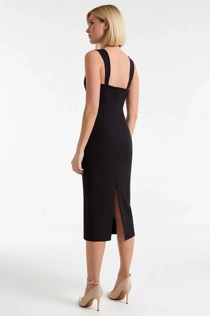 Kadın Bodycon Midi Elbise V Yaka Askılı Dokuma Finike Astarsız Düz Desenli Yapısal Tasarım