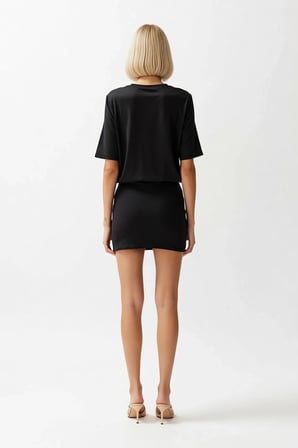 Kadın Mini Bodycon Kısa Kollu Bisiklet Yaka Esnek Örme Elbise Lastikli Bel Detaylı Günlük Rahat