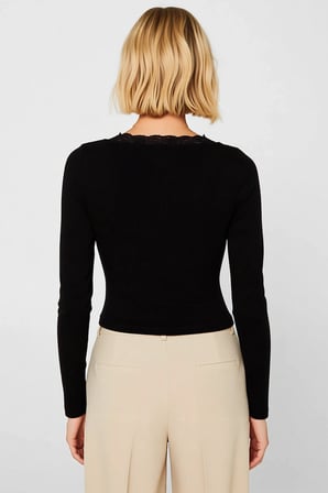 Kadın Bluz Fitted Crop Havuz Yaka Uzun Kol Fitilli Örme Kaşkorse Dokuma Dantel Detaylı Astarsız