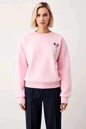Kadın Bisiklet Yaka Düşük Kol Nakışlı Regular Kalıp Örme Sweatshirt Fonksiyonel Dayanıklı Şık