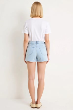 Kadın Şort Yüksek Bel Slim Kalıp Denim Düz Desen Boru Paça Ekstra Kısa Rigid Dokuma Az Esneklik