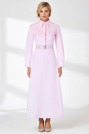 Kadın Tesettür Maxi Elbise Gömlek Yaka Uzun Kol Skater Kesim Çift Tokalı Kemerli Terrycotton Günlük
