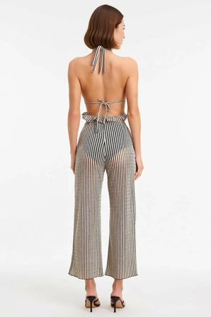 Kadın Büyük Beden Halter Yaka Crop Top Pantolon Takımı Simli Örme Çizgili Plaj Koleksiyonu Günlük