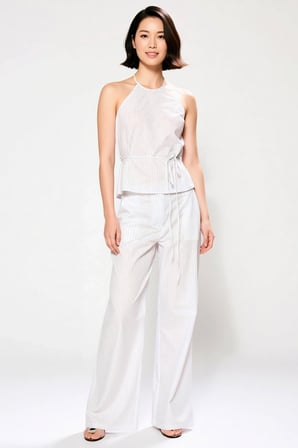 Kadın Halter Yaka Kolsuz Çizgili Dokuma Bluz Pantolon Takımı Terrycotton Rahat Kesim Günlük Modern