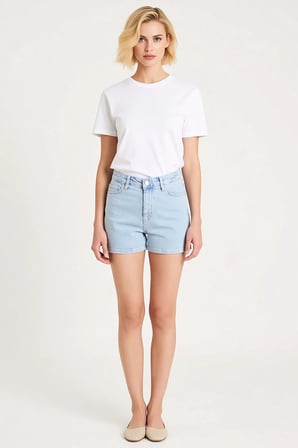Kadın Şort Yüksek Bel Slim Kalıp Denim Düz Desen Boru Paça Ekstra Kısa Rigid Dokuma Az Esneklik