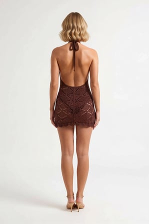 Kadın Halter Yaka Sırt Dekolteli Örme Mini Elbise Bodycon Kesim Dokulu Desen Astarsız Günlük Rahat
