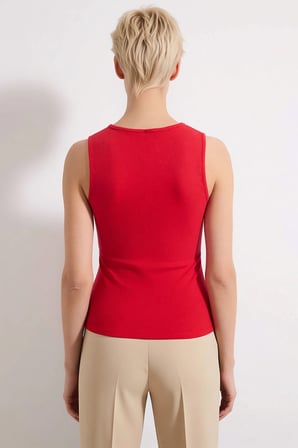 Kadın Bluz Fitted Crop Bisiklet Yaka Kolsuz Düğmeli Fitilli Örme Kaşkorse Dokulu Esnek Şık
