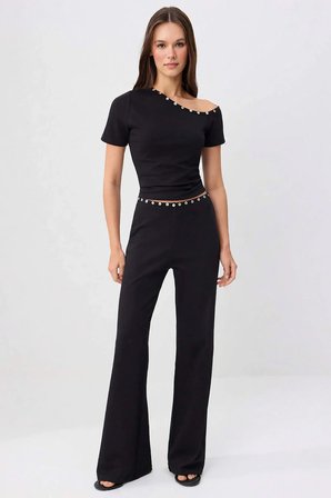 Kadın Kısa Kollu Crop Top Sedef Düğmeli Asimetrik Yaka Ribana Örme Vücuda Oturan Kesim XS Günlük