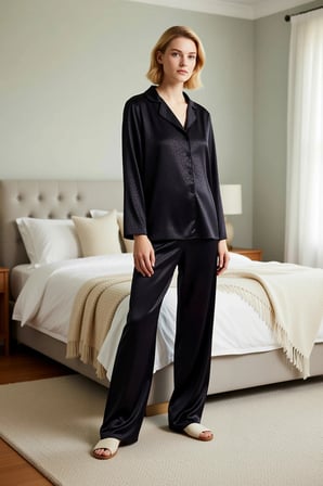 Kadın Gömlek Yaka Standart Kol Regular Kalıp Dokuma Saten Pijama Takımı Fonksiyonel Modern