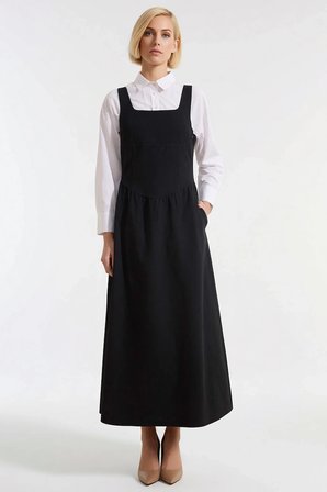 Kadın Elbise Maxi Jile Kare Yaka Kolsuz Skater Kalıp Düz Desen Dokuma Gabardin Rahat